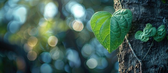Lush, heart-shaped young leaves from a large tree stand out against a blurry backdrop, creating a perfect image for concepts like conservation, global warming, Valentine's Day, and love with copy