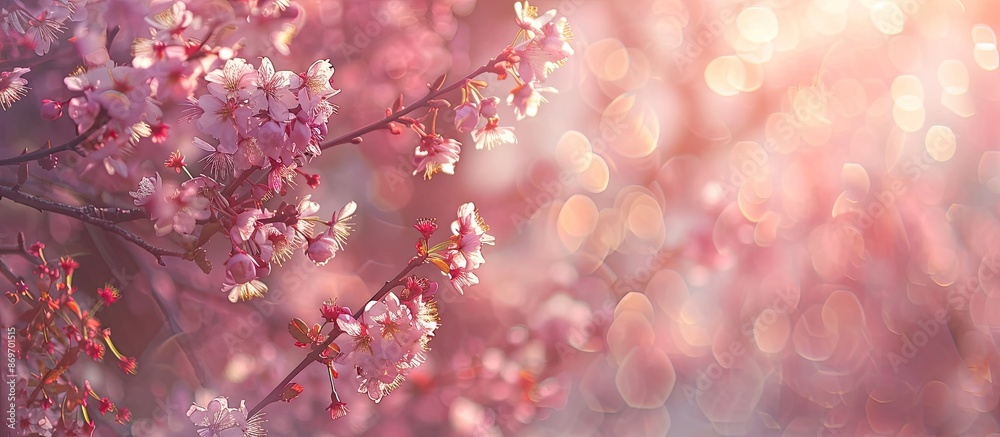 Poster cherry and plum trees blooming in spring with selective focus on a floral background, perfect for a 