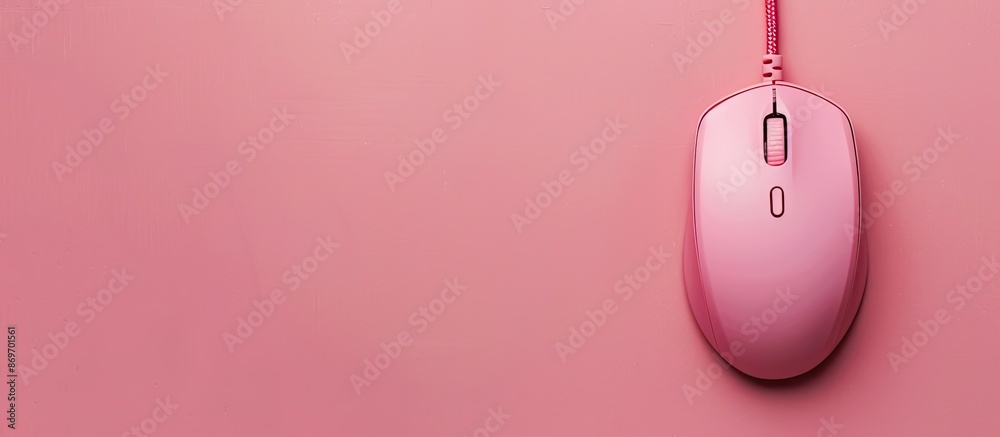 Poster top view of a wired computer mouse on a pink background with copy space image available.