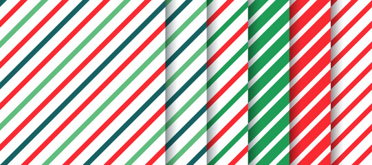 Fototapeta premium Christmas seamless background. Patterns with diagonal stripes. Festive striped print. Xmas candy cane wrapping paper. Set red green textures. Abstract backdrop. Geometric design. Vector illustration