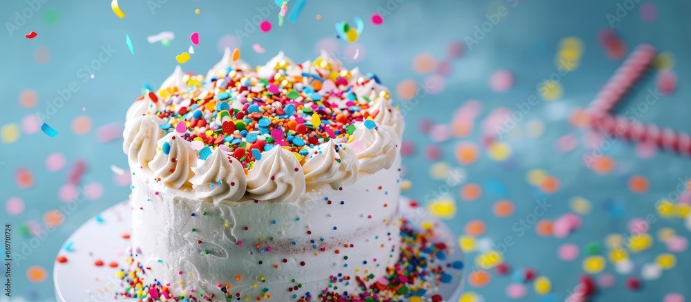 Poster white birthday cake with vibrant sprinkles on a backdrop with copy space image.