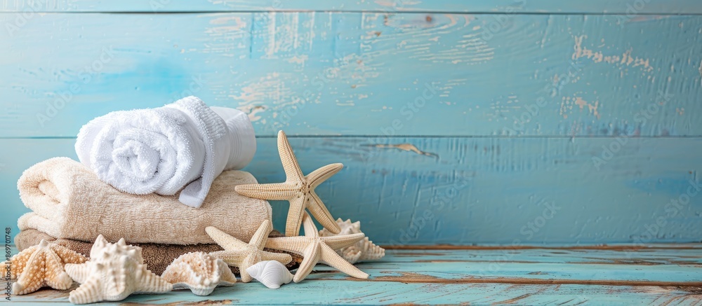 Poster starfish-adorned towels displayed on a wooden surface with a light blue backdrop, offering ample cop