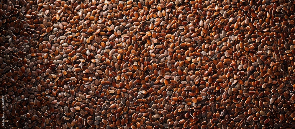 Aufkleber Top view of brown flax seeds with a detailed look. Background and texture visible in the image with empty space available for customization. Copy space image. Place for adding text and design