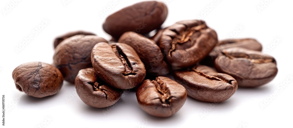 Poster close-up studio shot of coffee beans isolated on a white background, creating an intriguing copy spa