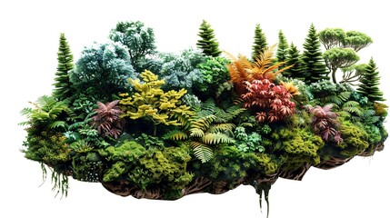 Floating Island with Lush Trees, Rocky Underside, and Reflective Water Below.