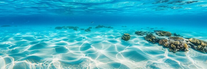 Serene Underwater Seascape with Vibrant Coral Reef and Sunlight Reflections. Horizontal banner with copy space