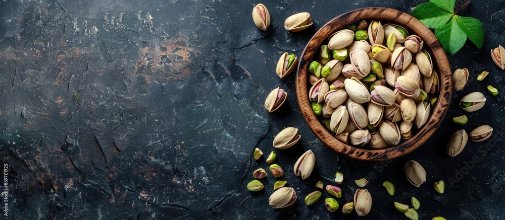 Aufkleber Wooden bowl filled with peeled pistachios displayed in both raw and roasted forms, with a blank space in the image for text or designs. Copy space image. Place for adding text and design