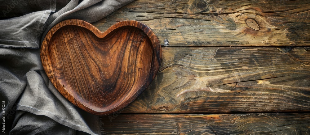 Poster top view of a heart-shaped wooden plate on a wooden background with copy space image.