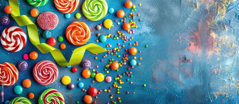 Poster Colorful candies spread on a table with a banner, creating a vibrant copy space image.