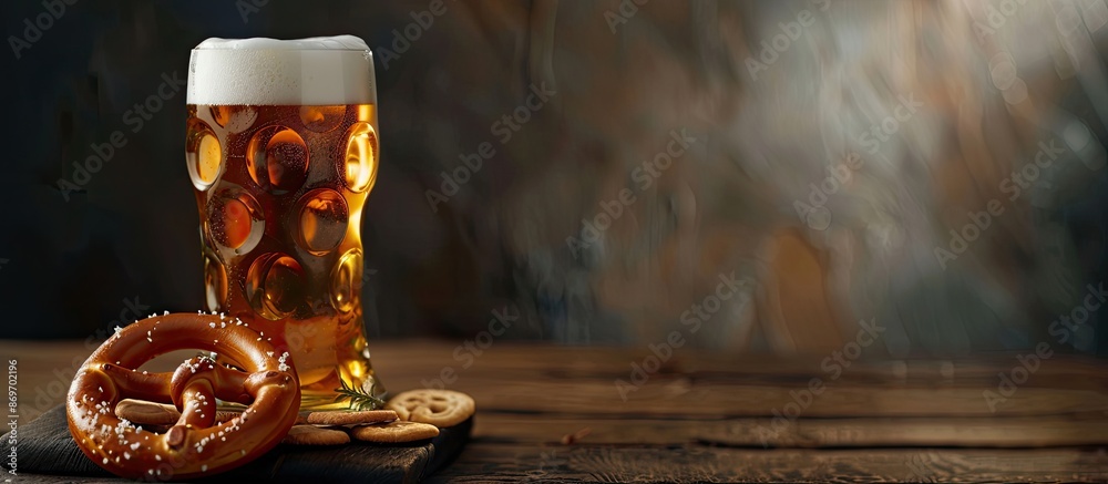Poster a wheat beer in a glass paired with a classic snack, a salty pretzel, with a blank background for ad