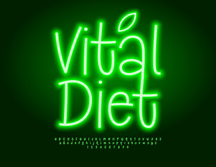 Vector Neon poster Vital Diet. Electric Green Font. Glowing Alphabet Letters and Numbers set.
