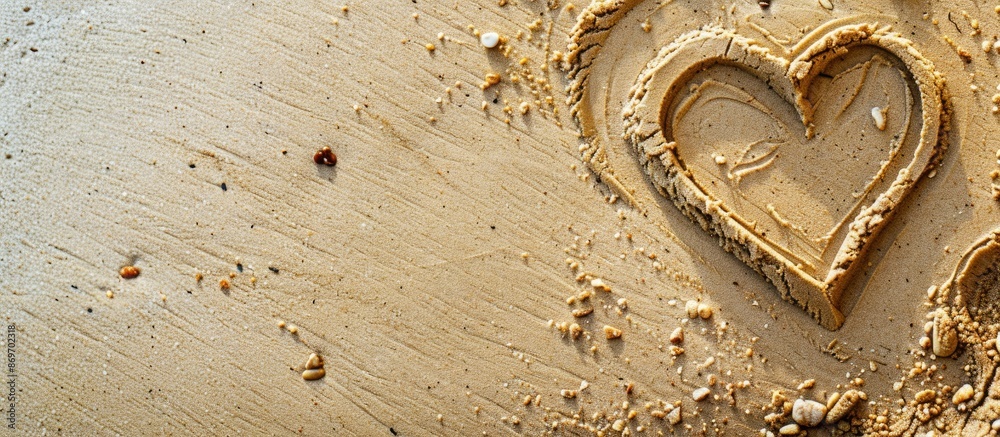 Poster a heart shape sketched on the sandy beach within a border, with ample copy space image.