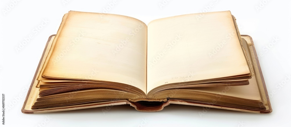 Fototapete an open book diary featuring empty pages against a white backdrop, ideal as a copy space image.