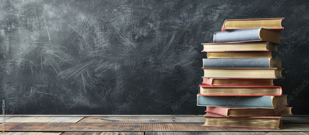 Aufkleber A stack of books is shown against a blackboard backdrop with a 'Back to School' theme, offering a place for additional elements in the picture.