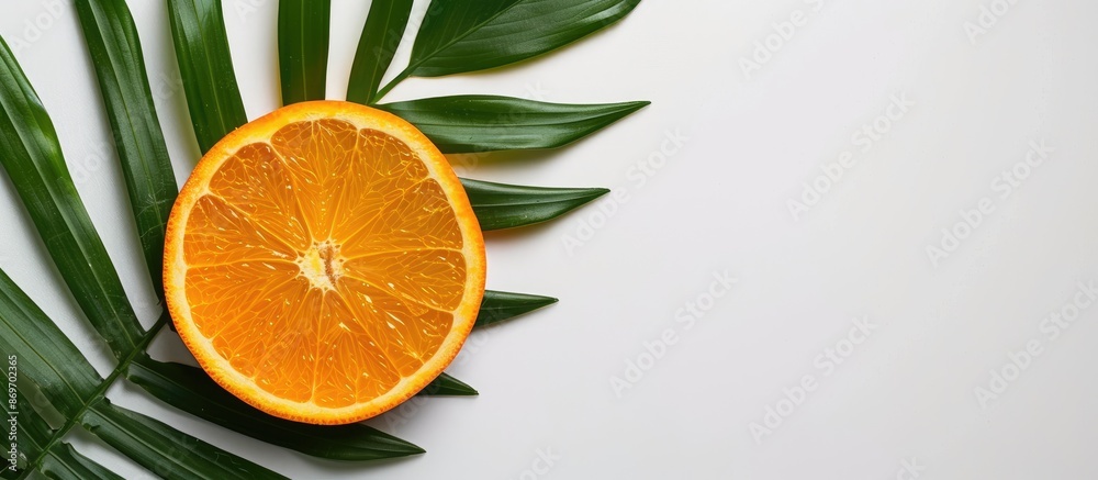 Poster fresh juicy orange slice on white background with tropical vibes and appetizing copy space image.