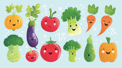 Cute cartoon vegetables for kids! These hand-drawn characters include tomato, broccoli, carrot, and more. Perfect for teaching kids about healthy eating in a fun way.