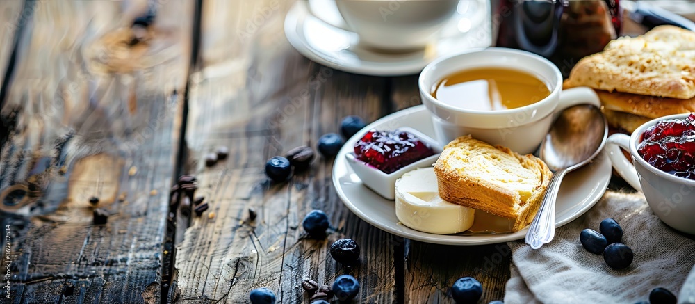 Poster delicious and nutritious breakfast with coffee, jam, and butter, displayed in a captivating copy spa