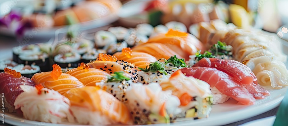 Aufkleber Selective focus on a platter adorned with an array of sophisticated sushi varieties creating an appealing copy space image.