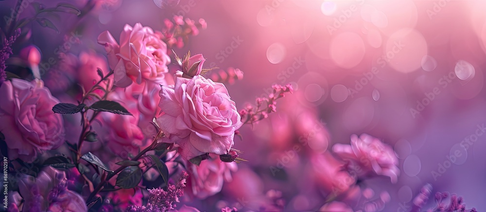 Poster a stunning display of pink roses set against a purple backdrop with available copy space image.
