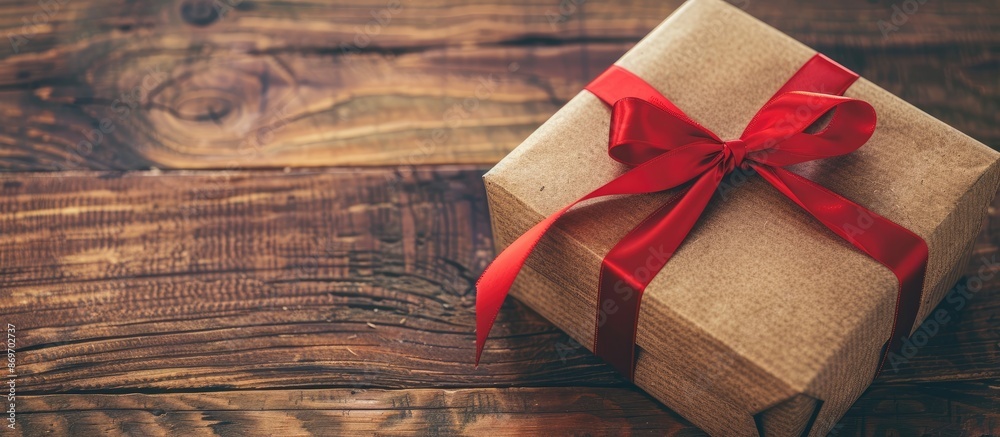Leinwandbilder gift box in brown with a red ribbon and tag on a wooden background with ample copy space image.