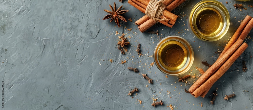 Poster cinnamon oil for various uses like cooking, aromatherapy, and skincare, displayed alongside cinnamon