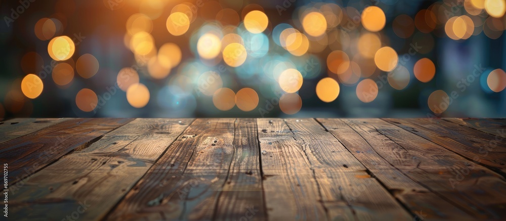 Fototapete dark wooden table with an empty surface set against a blurred bokeh background, providing ample copy