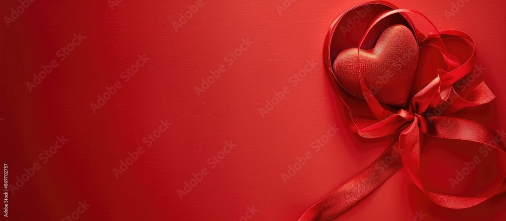 Poster a heart-shaped ribbon on a red backdrop with ample copy space for holiday greeting cards like valent