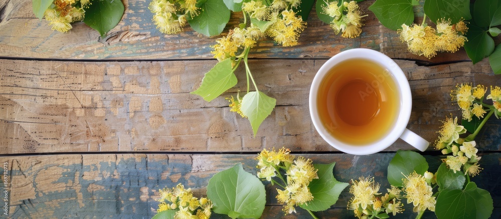 Poster flat lay composition featuring a cup of tea surrounded by linden blossoms on a wooden table, with am