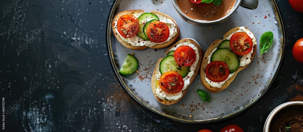 Poster Three Italian crostini served on a plate with tomatoes and cucumbers, accompanied by a cup of cocoa, all captured in a top-view image with copy space.
