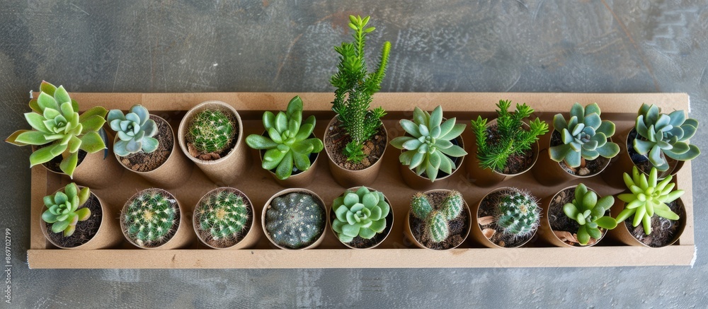 Poster arranged home garden collection of cactus and succulent plants in paper cups on a tray with a flat l