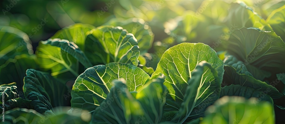 Poster morning light illuminates young green cabbage leaves with a background suitable for text or graphics