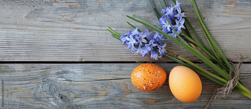 Poster naturally dyed easter egg using onion skins placed with hyacinth flower on wooden background with co