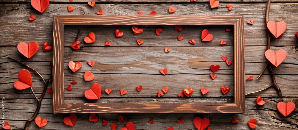 Poster Photo frame and heart shapes on a rustic wooden background with copy space image.