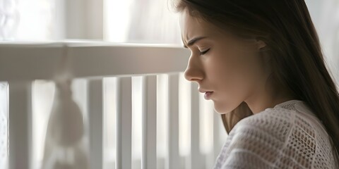 Young woman with postpartum depression sits near newborn babys cradle crying. Concept Postpartum Depression, Newborn Baby, Motherhood, Emotional Support, Coping Strategies