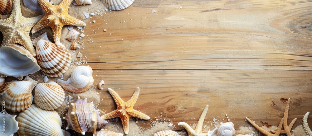 Poster A vacation-themed setting adorned with shells, seastars, and a blank postcard, suitable for adding text or images, is symbolized in the copy space image.