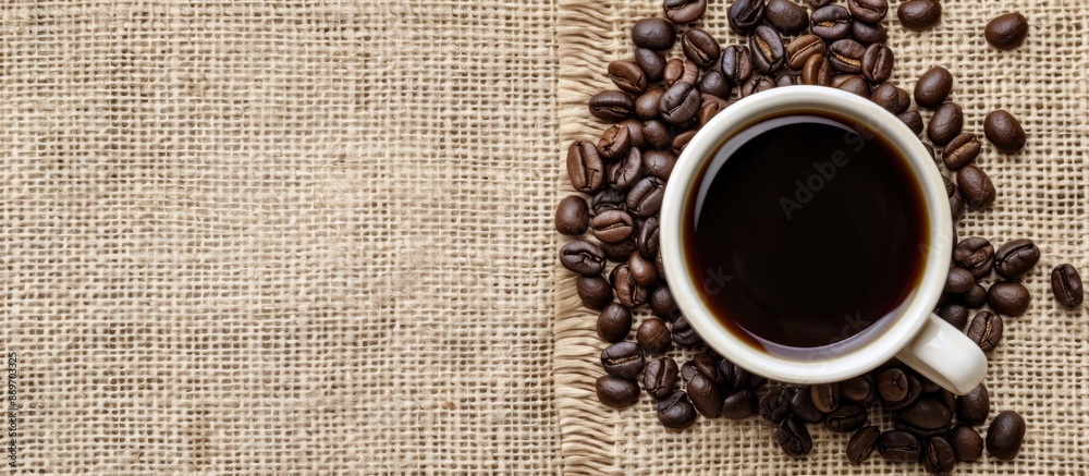 Aufkleber bird's eye perspective of a cup of coffee and coffee beans on a burlap surface with copy space image