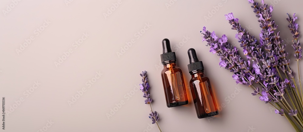 Poster Grey background hosts two unbranded cosmetic serum bottles beside a lavender bunch. The view is top-down with ample room for text or graphics - a copy space image.