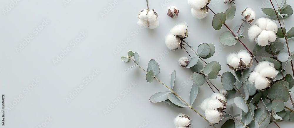 Poster top view of delicate white cotton flowers and fresh eucalyptus twigs on a light gray background in a
