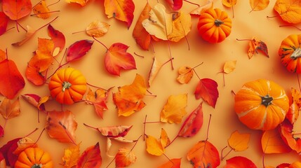 Autumn leaves and small pumpkins on orange background