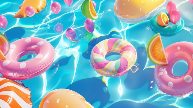 Lively pool party scene with colorful inflatables