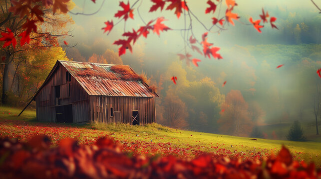 Old barn surrounded by autumn foliage in misty countryside