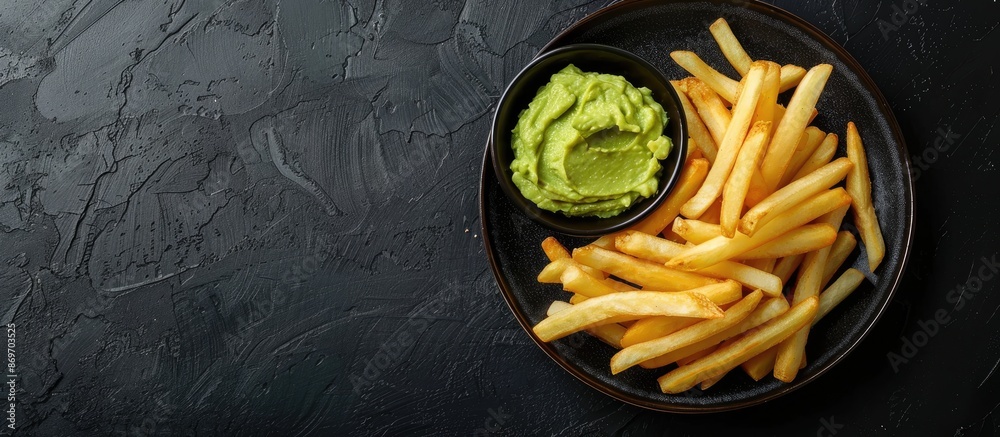 Poster top-down view of a plate with french fries and avocado dip on a black table with room for text in th