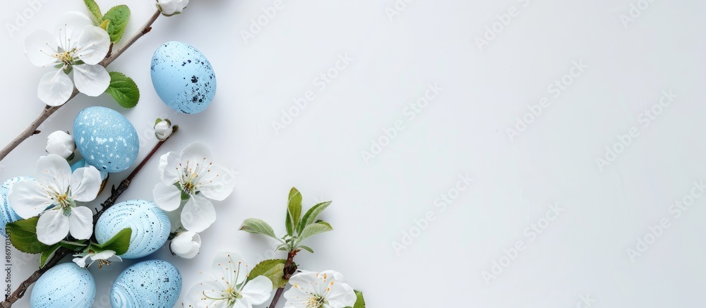 Poster white easter concept with decorations on a white background featuring a copy space image. easter gre