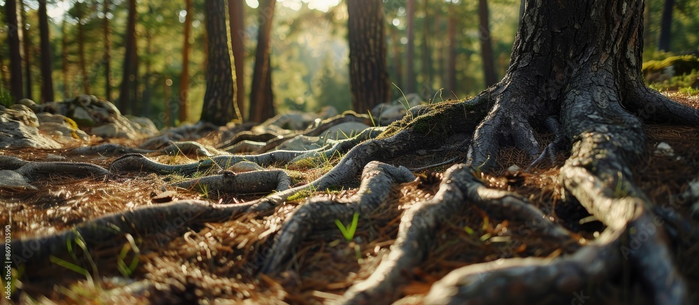 Leinwandbilder detailed close-up of pine tree roots in a forest, shot from a low angle to capture the natural scene