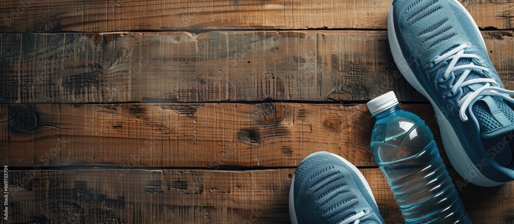 Poster health and wellness theme portrayed with sneakers and a water bottle on a wooden surface, featuring 