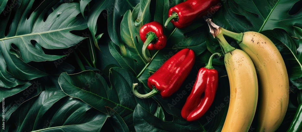 Poster banana tree leaves serve as background for red and green peppers in a copy space image.