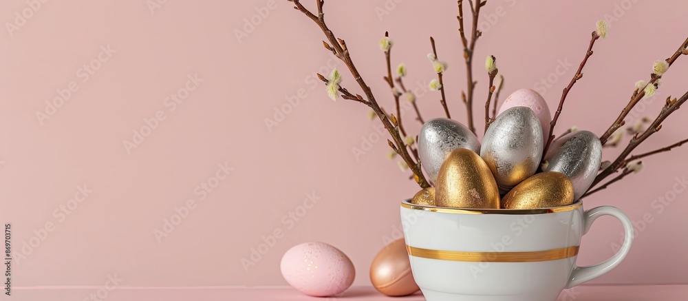 Aufkleber front view of gold and silver easter eggs with willow branches in a porcelain mug on a pink backgrou