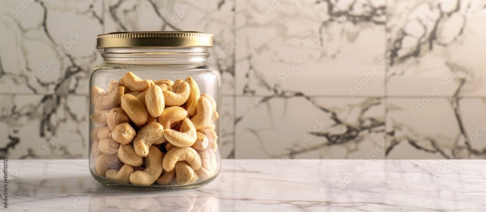 Aufkleber cashew nuts displayed in a clear glass jar on a marble countertop with ample copy space image.