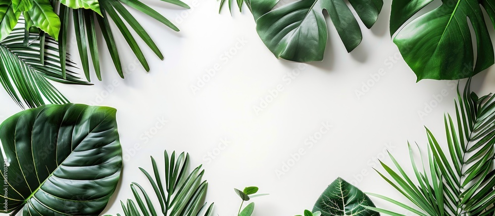 Poster White background with tropical leaves for a summer-themed flat lay image with copy space image.