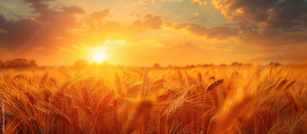 Poster sunset over a rural wheat field with ripening ears under an orange cloudy sky. close-up nature photo